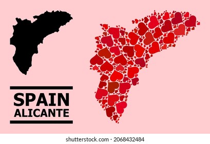 Love collage and solid map of Alicante Province on a pink background. Collage map of Alicante Province composed with red love hearts. Vector flat illustration for dating conceptual illustrations.