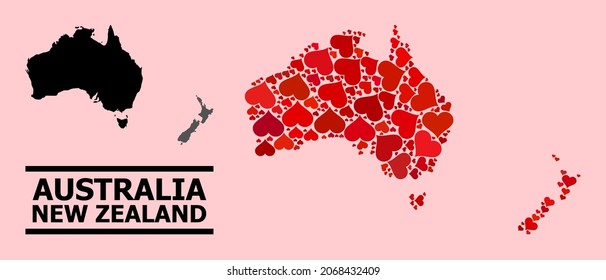 Love collage and solid map of Australia and New Zealand on a pink background. Collage map of Australia and New Zealand is created with red lovely hearts.