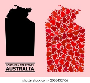 Liebescollage und solide Karte des australischen Nordterritoriums auf rosafarbenem Hintergrund. Mosaikkarte des australischen Nordterritoriums mit roten Herzen.