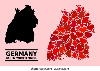 Love collage and solid map of Baden-Wurttemberg State on a pink background. Collage map of Baden-Wurttemberg State formed with red valentine hearts.