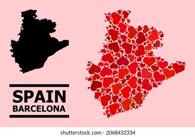 Love collage and solid map of Barcelona Province on a pink background. Collage map of Barcelona Province is designed with red lovely hearts. Vector flat illustration for love concept illustrations.