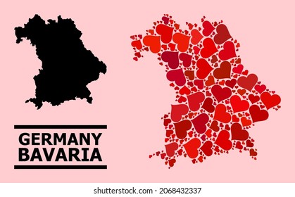 Love collage and solid map of Bavaria State on a pink background. Collage map of Bavaria State composed with red hearts. Vector flat illustration for love abstract illustrations.