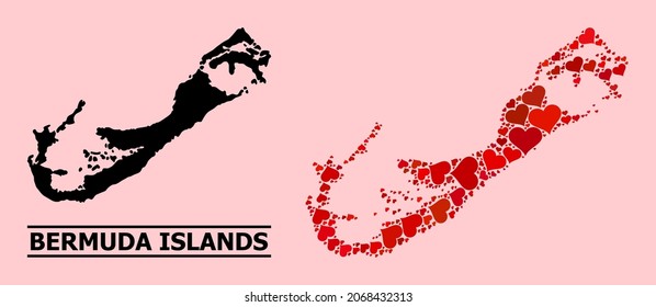 Collage de amor y mapa sólido de las islas Bermudas en un fondo rosado. El mapa mosaico de las islas Bermudas se crea a partir de corazones de amor rojos. Ilustración plana vectorial para ilustraciones conceptuales de amor.