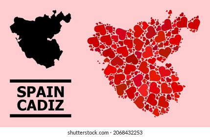 Love collage and solid map of Cadiz Province on a pink background. Collage map of Cadiz Province designed with red love hearts. Vector flat illustration for dating abstract illustrations.