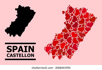 Love collage and solid map of Castellon Province on a pink background. Collage map of Castellon Province is designed with red lovely hearts.