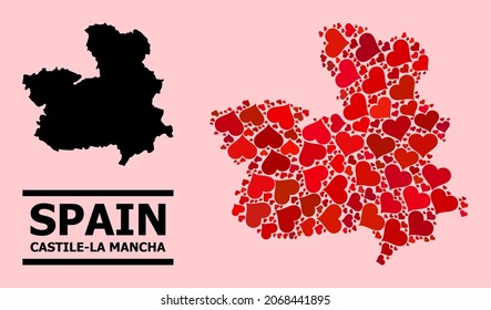 Love collage and solid map of Castile-La Mancha Province on a pink background. Collage map of Castile-La Mancha Province is designed with red valentine hearts.