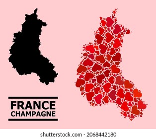 Love collage and solid map of Champagne Province on a pink background. Collage map of Champagne Province is designed from red lovely hearts. Vector flat illustration for love abstract illustrations.