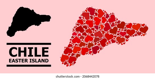 Love collage and solid map of Easter Island on a pink background. Collage map of Easter Island designed with red lovely hearts. Vector flat illustration for dating concept illustrations.