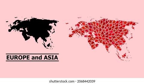 Love collage and solid map of Europe and Asia on a pink background. Collage map of Europe and Asia created with red lovely hearts. Vector flat illustration for dating concept illustrations.