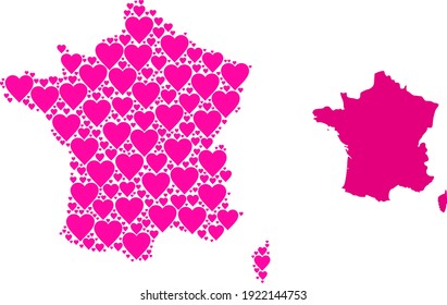 Love collage and solid map of France. Collage map of France composed with pink lovely hearts. Vector flat illustration for dating abstract illustrations.