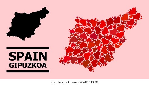Love collage and solid map of Gipuzkoa Province on a pink background. Collage map of Gipuzkoa Province created with red valentine hearts. Vector flat illustration for love conceptual illustrations.
