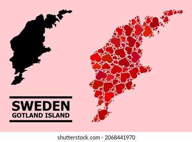 Love collage and solid map of Gotland Island on a pink background. Collage map of Gotland Island is formed with red lovely hearts. Vector flat illustration for marriage abstract illustrations.