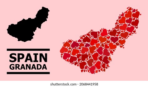 Love collage and solid map of Granada Province on a pink background. Collage map of Granada Province is formed from red lovely hearts. Vector flat illustration for love abstract illustrations.