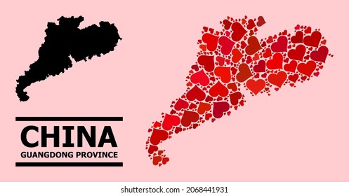 Liebescollage und solide Karte der Provinz Guangdong auf rosafarbenem Hintergrund. Collage Karte der Provinz Guangdong ist mit roten lieblichen Herzen gebildet. Vektorgrafik für Illustrationen zum Heiratskonzept.