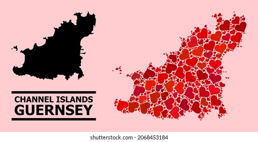 Love collage and solid map of Guernsey Island on a pink background. Mosaic map of Guernsey Island is formed with red love hearts. Vector flat illustration for love conceptual illustrations.