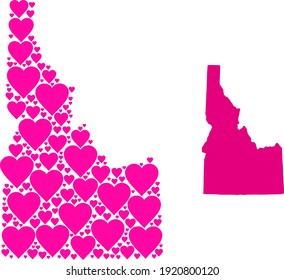 Love collage and solid map of Idaho State. Collage map of Idaho State is composed with pink lovely hearts. Vector flat illustration for love concept illustrations.