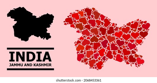 Love collage and solid map of Jammu and Kashmir State on a pink background. Mosaic map of Jammu and Kashmir State designed with red love hearts.