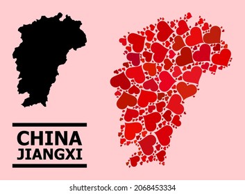 Love collage and solid Map of Jiangxi Province on a pink background. Collage Map of Jiangxi Province is composed from red love hearts. Vector flat illustration for love abstract illustrations.