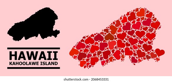Love collage and solid map of Kahoolawe Island on a pink background. Collage map of Kahoolawe Island created with red love hearts. Vector flat illustration for love conceptual illustrations.