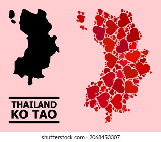 Love collage and solid map of Ko Tao on a pink background. Collage map of Ko Tao created with red valentine hearts. Vector flat illustration for love concept illustrations.