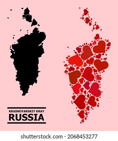 Collage de amor y mapa sólido de Krasnoyarskiy Kray sobre un fondo rosado. Mapa de las colinas de Krasnoyarskiy Kray compuesto por corazones de amor rojos. Ilustración plana vectorial para las ilustraciones abstractas de citas.