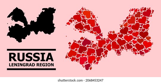 Love collage and solid map of Leningrad Region on a pink background. Collage map of Leningrad Region is formed with red hearts. Vector flat illustration for love conceptual illustrations.