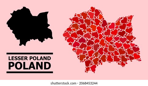 Love collage and solid map of Lesser Poland Province on a pink background. Mosaic map of Lesser Poland Province formed with red lovely hearts. Vector flat illustration for love abstract illustrations.