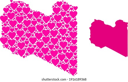 Love collage and solid map of Libya. Collage map of Libya is composed with pink valentine hearts. Vector flat illustration for love conceptual illustrations.