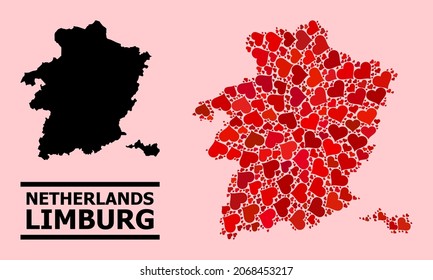 Love collage and solid map of Limburg Province on a pink background. Mosaic map of Limburg Province formed from red lovely hearts. Vector flat illustration for love conceptual illustrations.