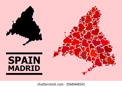 Love collage and solid map of Madrid Province on a pink background. Collage map of Madrid Province formed with red lovely hearts. Vector flat illustration for dating abstract illustrations.