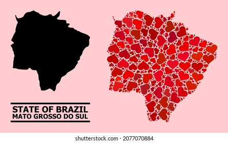 Collage de amor y mapa sólido del estado de Mato Grosso do Sul sobre un fondo rosado. El mapa de collage del estado de Mato Grosso do Sul está compuesto de corazones rojos.