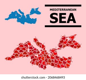 Love collage and solid map of Mediterranean Sea on a pink background. Collage map of Mediterranean Sea is designed with red lovely hearts. Vector flat illustration for marriage abstract illustrations.