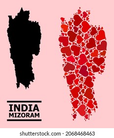 Collage de amor y mapa sólido del estado de Mizoram en un fondo rosado. Mapa de grupos del estado de Mizoram creado con corazones adorables rojos. Ilustración plana vectorial para ilustraciones conceptuales de amor.