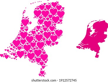 Collage de amor y mapa sólido de los Países Bajos. El mapa de los Collage de los Países Bajos está compuesto por corazones adorables rosados. Ilustración plana vectorial para ilustraciones abstractas de amor.