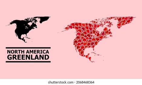 Love collage and solid map of North America and Greenland on a pink background. Collage map of North America and Greenland is designed with red lovely hearts.