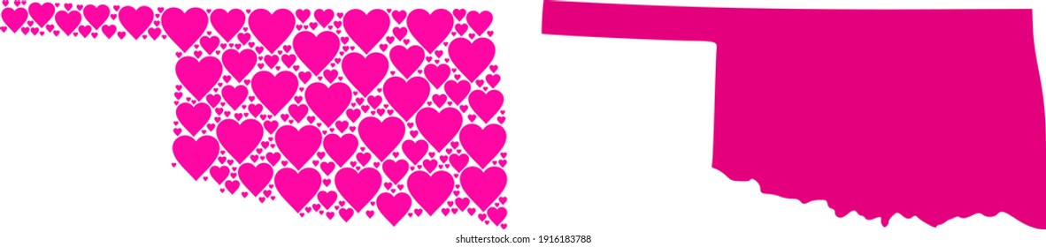Love collage and solid map of Oklahoma State. Collage map of Oklahoma State is created from pink lovely hearts. Vector flat illustration for love abstract illustrations.