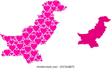 Love collage and solid map of Pakistan. Collage map of Pakistan composed with pink valentine hearts. Vector flat illustration for love abstract illustrations.