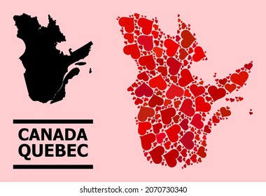 Love collage and solid map of Quebec Province on a pink background. Mosaic map of Quebec Province designed from red lovely hearts. Vector flat illustration for love abstract illustrations.