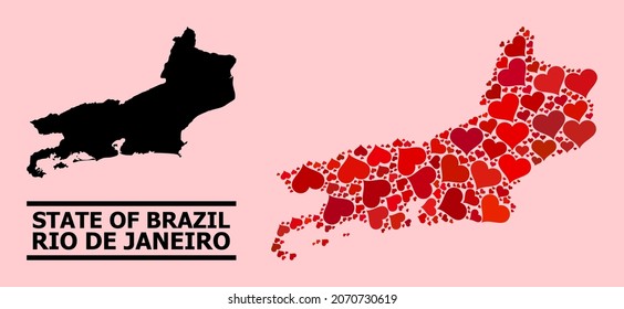 Love collage and solid map of Rio de Janeiro State on a pink background. Mosaic map of Rio de Janeiro State designed with red love hearts. Vector flat illustration for love concept illustrations.