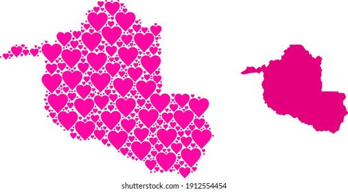 Love collage and solid map of Rondonia State. Collage map of Rondonia State is composed with pink lovely hearts. Vector flat illustration for love conceptual illustrations.