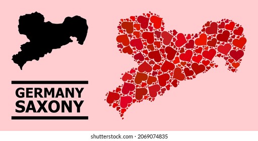 Love collage and solid map of Saxony State on a pink background. Collage map of Saxony State composed with red hearts. Vector flat illustration for love abstract illustrations.