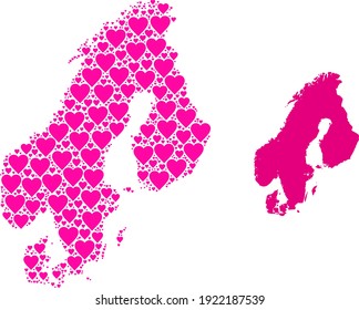 Love collage and solid map of Scandinavia. Collage map of Scandinavia composed with pink lovely hearts. Vector flat illustration for love conceptual illustrations.