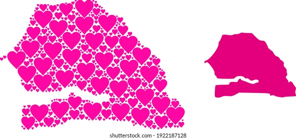 Love collage and solid map of Senegal. Mosaic map of Senegal is created with pink love hearts. Vector flat illustration for love abstract illustrations.