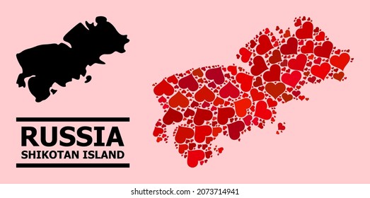 Love collage and solid map of Shikotan Island on a pink background. Collage map of Shikotan Island is created with red valentine hearts. Vector flat illustration for love abstract illustrations.