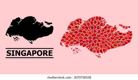 Liebe Collage und solide Karte von Singapur auf rosafarbenem Hintergrund. Collage Karte von Singapur aus den roten valentinischen Herzen. Vektorflache Illustration für Liebesbilder.