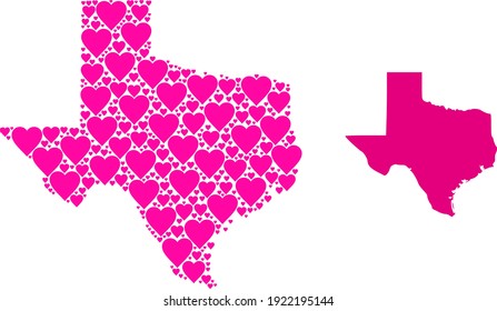 Love collage and solid map of Texas State. Collage map of Texas State composed with pink lovely hearts. Vector flat illustration for love conceptual illustrations.