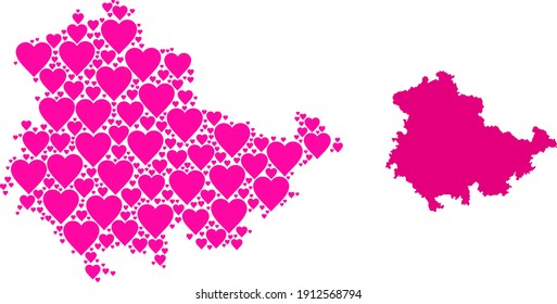 Love collage and solid map of Thuringia State. Collage map of Thuringia State is designed with pink hearts. Vector flat illustration for marriage conceptual illustrations.