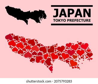 Love collage and solid map of Tokyo Prefecture on a pink background. Collage map of Tokyo Prefecture formed from red lovely hearts. Vector flat illustration for love concept illustrations.