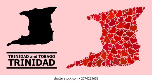 Love collage and solid map of Trinidad Island on a pink background. Collage map of Trinidad Island composed with red love hearts. Vector flat illustration for love conceptual illustrations.