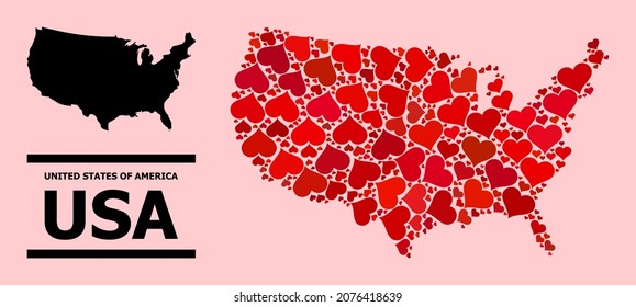 Love collage and solid map of USA on a pink background. Mosaic map of USA is created with red valentine hearts. Vector flat illustration for love conceptual illustrations.